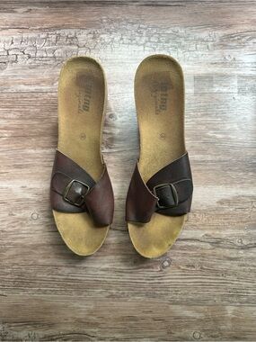 MTNG Brown Leather Buckle Slides Wedges - Women - Size 40